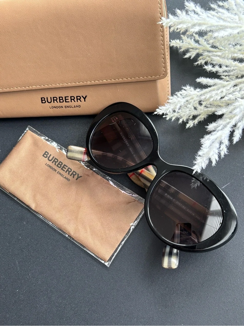 Burberry Beige Tan Leather case with Signature Nova Check Sunglasses